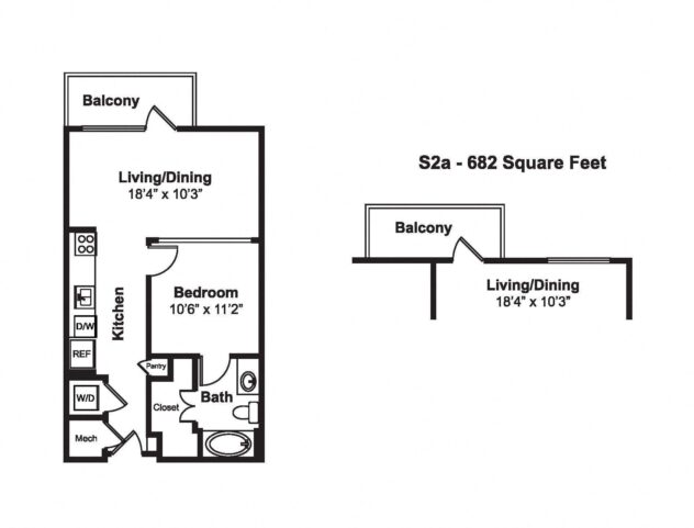 Rendering of the S2 floor plan with a Studio bedroom and 1 bathroom[s] at Windsor Fitzhugh