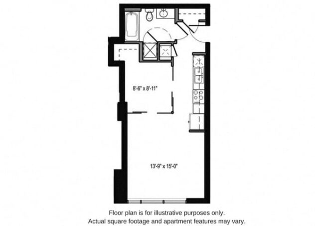 Rendering of the S2 floor plan with a Studio bedroom and 1 bathroom[s] at The Martin