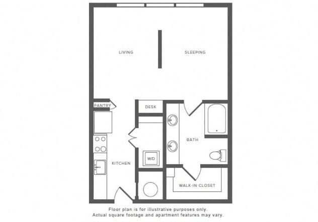 Rendering of the S2 floor plan with a Studio bedroom and 1 bathroom[s] at Windsor by the Galleria