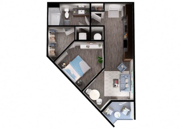 Rendering of the S2 floor plan with a Studio bedroom and 1 bathroom[s] at Windsor Interlock