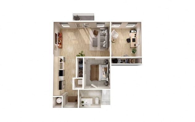 Rendering of the S2 floor plan with a Studio bedroom and 1 bathroom[s] at Windsor South Congress