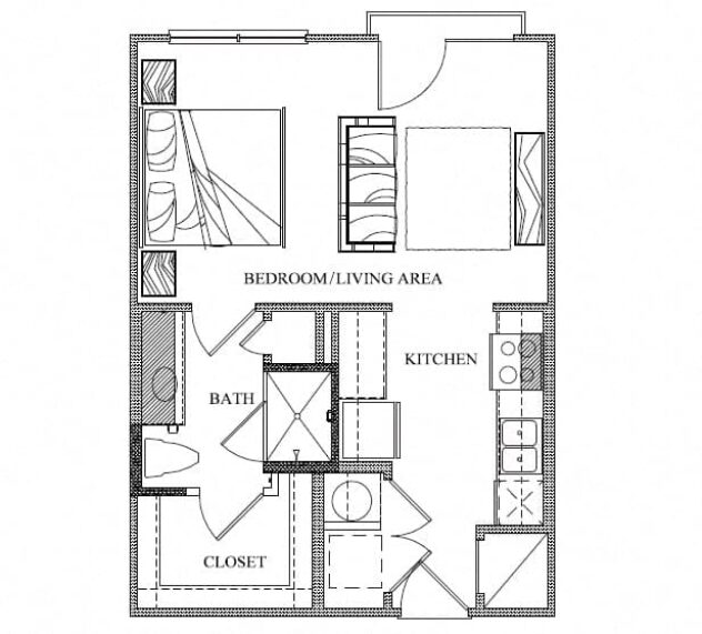 Rendering of the S2 floor plan with a Studio bedroom and 1 bathroom[s] at Eleven by Windsor