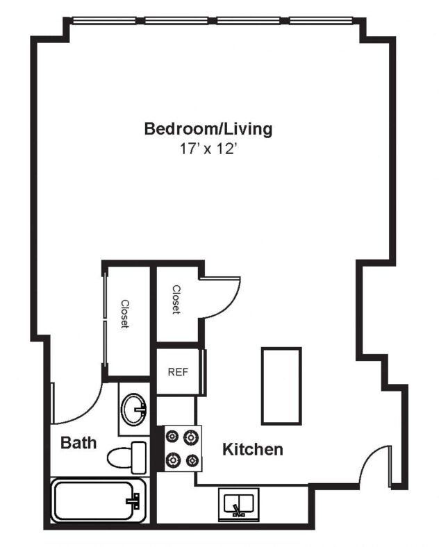 Rendering of the S2 floor plan with a Studio bedroom and 1 bathroom[s] at Renaissance Tower