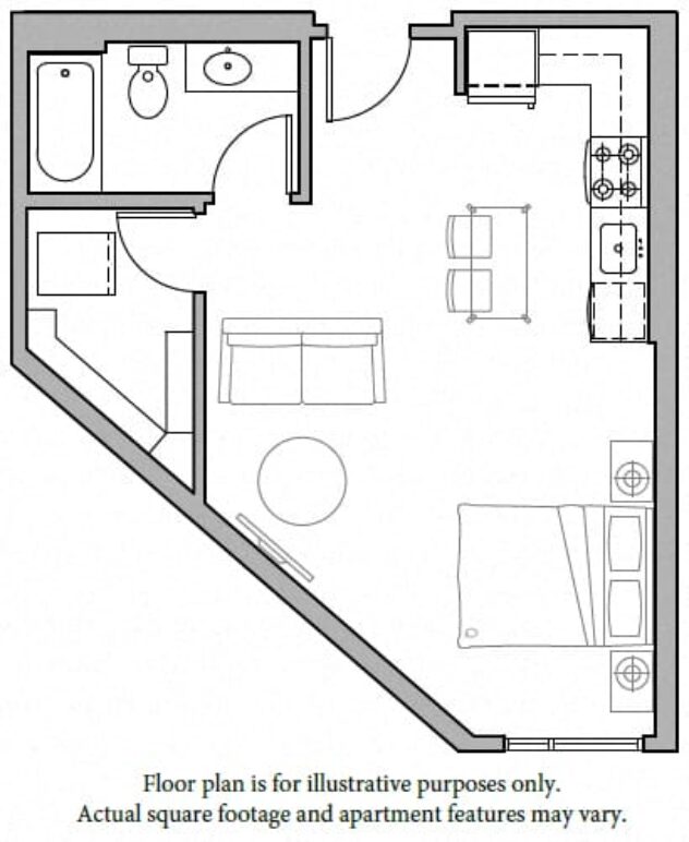 Rendering of the S2 Studio North floor plan with a Studio bedroom and 1 bathroom[s] at The Whittaker