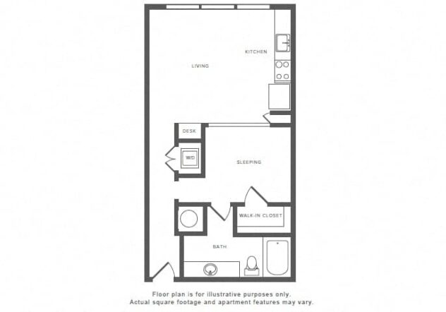 Rendering of the S3 floor plan with a Studio bedroom and 1 bathroom[s] at Windsor by the Galleria