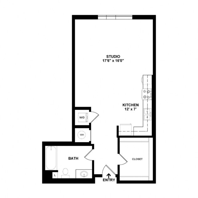 Rendering of the S3 floor plan with a Studio bedroom and 1 bathroom[s] at Sunset + Vine