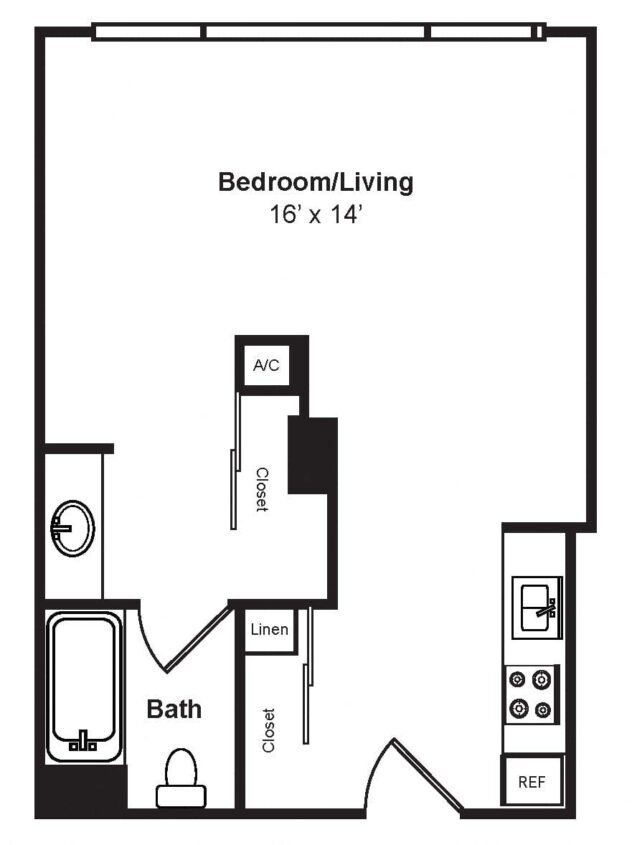 Rendering of the S3 floor plan with a Studio bedroom and 1 bathroom[s] at Renaissance Tower