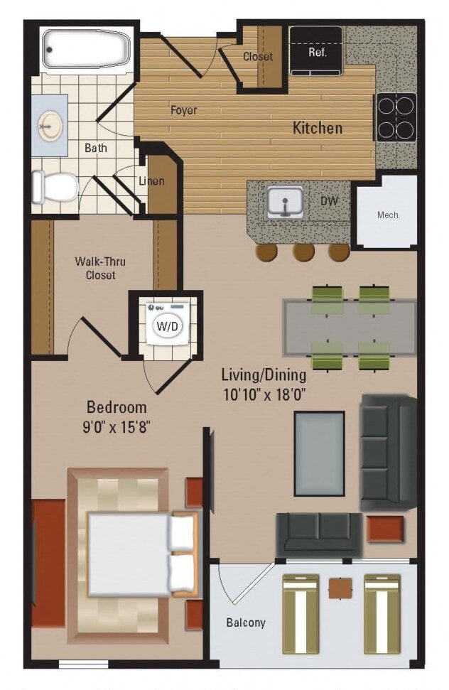 Rendering of the S3 floor plan with a Studio bedroom and 1 bathroom[s] at Windsor Leesburg