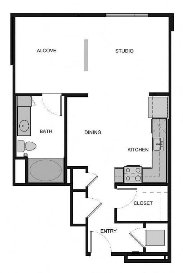 Rendering of the S4 Studio floor plan with a Studio bedroom and 1 bathroom[s] at South Park by Windsor