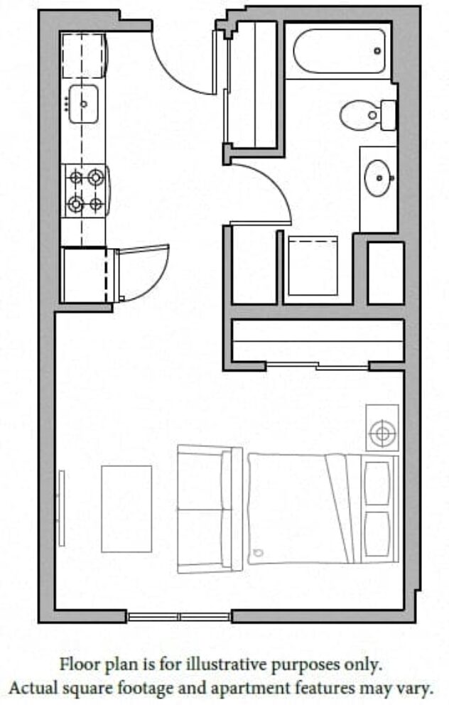 Rendering of the S4 Studio North floor plan with a Studio bedroom and 1 bathroom[s] at The Whittaker