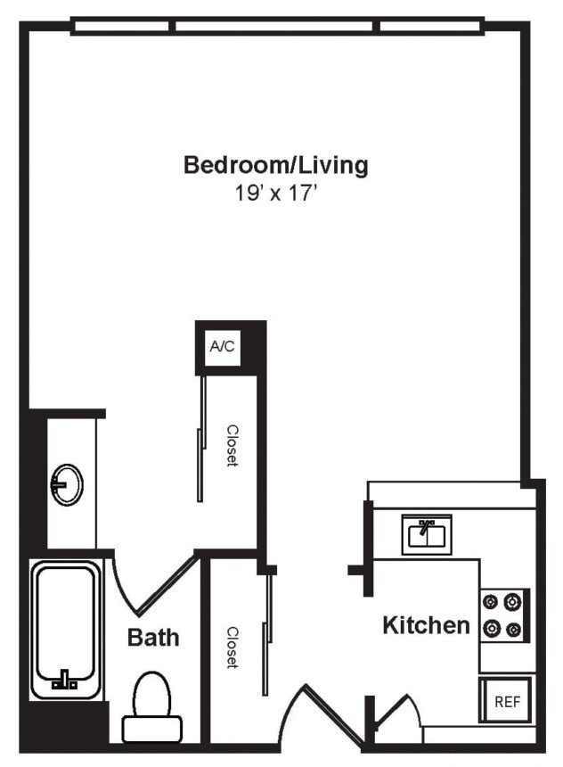 Rendering of the S5 floor plan with a Studio bedroom and 1 bathroom[s] at Renaissance Tower