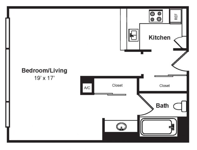 Rendering of the S6 floor plan with a Studio bedroom and 1 bathroom[s] at Renaissance Tower