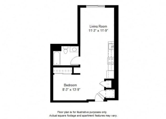 Rendering of the S9 floor plan with a Studio bedroom and 1 bathroom[s] at Windsor at Dogpatch