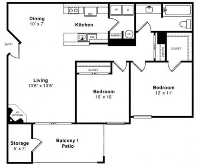 Rendering of the Santa Clara floor plan with 2 bedroom[s] and 1 bathroom[s] at Mission Pointe by Windsor