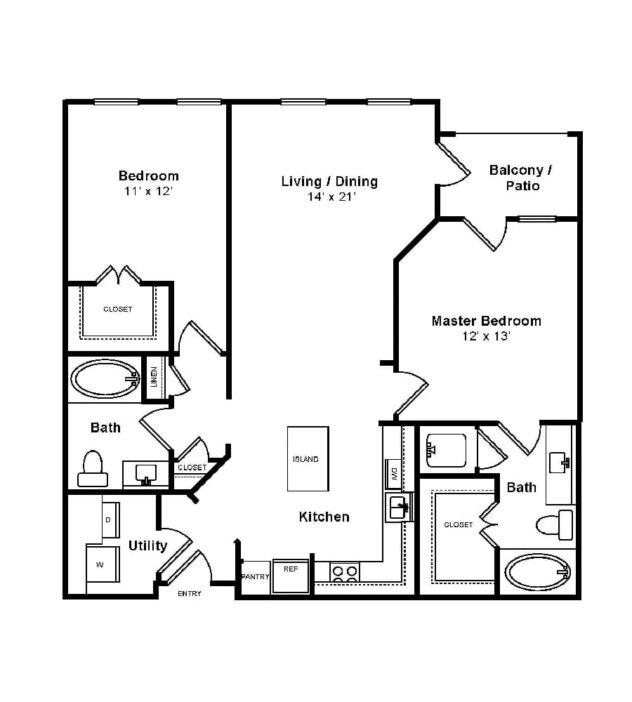 Rendering of the Santa Cruz floor plan with 2 bedroom[s] and 2 bathroom[s] at The Monterey by Windsor