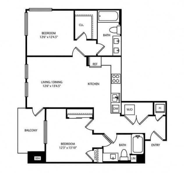 Rendering of the Seaglass floor plan with 2 bedroom[s] and 2 bathroom[s] at Boardwalk by Windsor