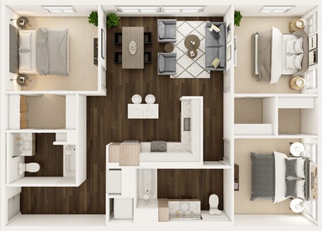 Rendering of the Skyline floor plan with 3 bedroom[s] and 2 bathroom[s] at Windsor Totem Lake