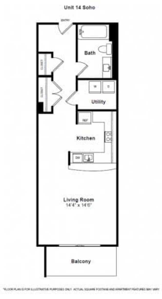 Rendering of the SoHo floor plan with a Studio bedroom and 1 bathroom[s] at The Manhattan by Windsor