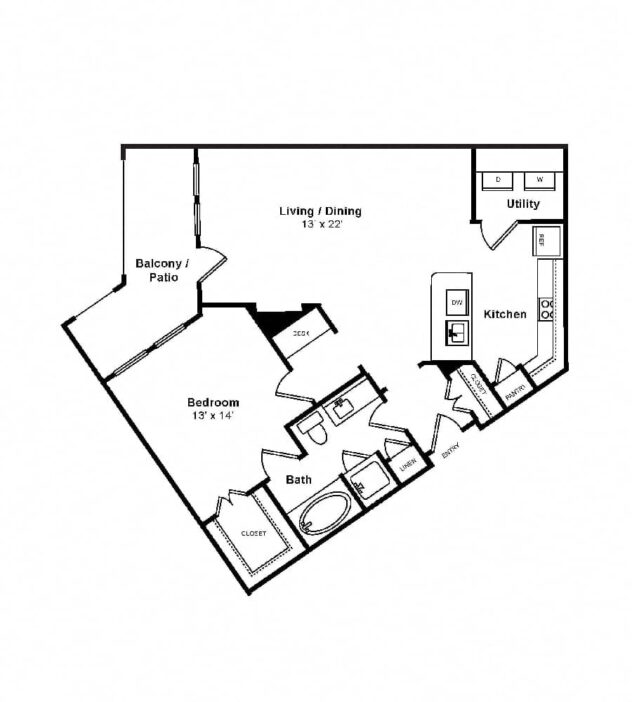 Rendering of the Sombra floor plan with 1 bedroom[s] and 1 bathroom[s] at The Monterey by Windsor