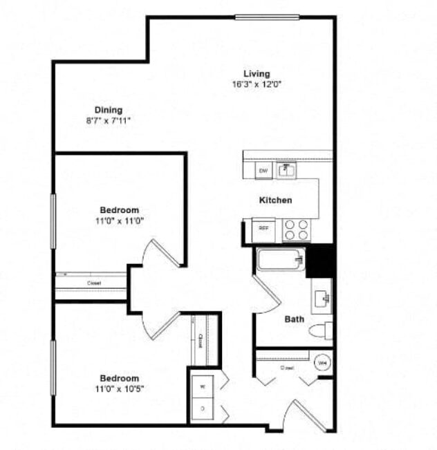 Rendering of the South Pacific floor plan with 2 bedroom[s] and 1 bathroom[s] at Tera Apartments