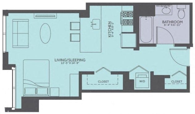 Rendering of the Studio 03-Avenue floor plan with a Studio bedroom and 1 bathroom[s] at Moment