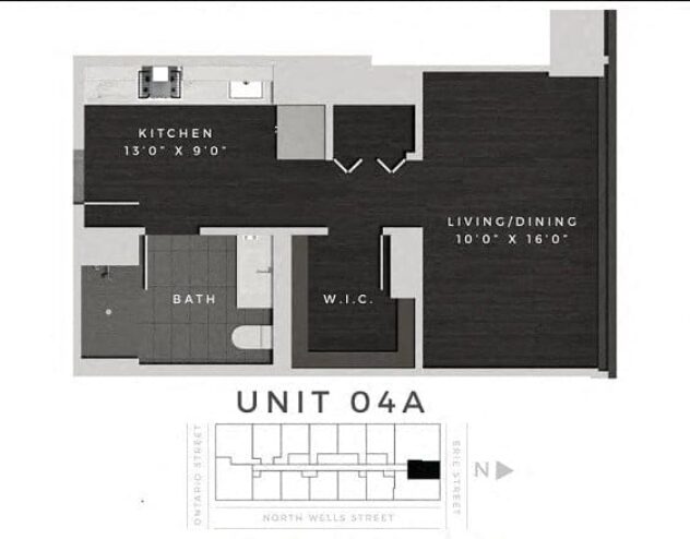 Rendering of the Studio 04A floor plan with a Studio bedroom and 1 bathroom[s] at 640 North Wells