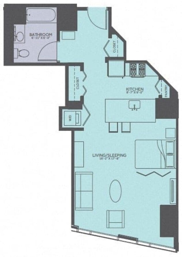 Rendering of the Studio 10-Avenue floor plan with a Studio bedroom and 1 bathroom[s] at Moment