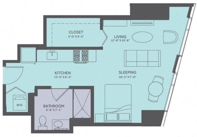 Rendering of the Studio 12-Tower floor plan with a Studio bedroom and 1 bathroom[s] at Moment