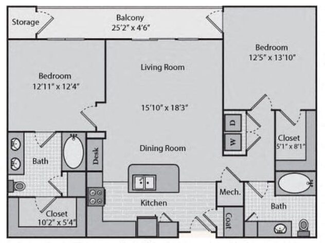 Rendering of the Sullivan floor plan with 2 bedroom[s] and 2 bathroom[s] at Windsor Brookhaven