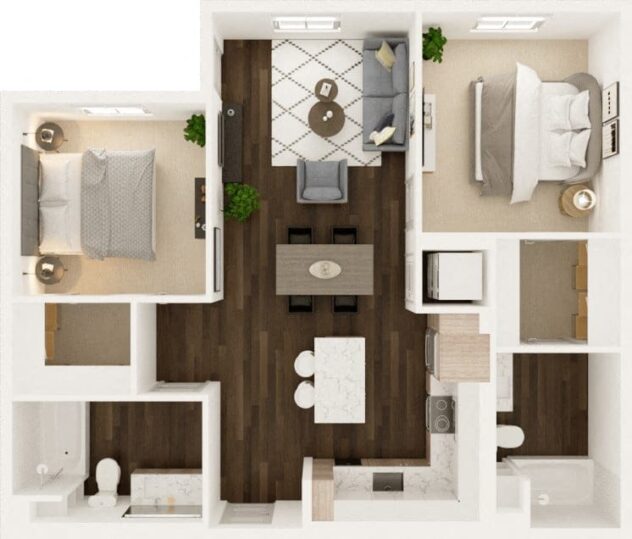 Rendering of the Summit floor plan with 2 bedroom[s] and 2 bathroom[s] at Windsor Totem Lake