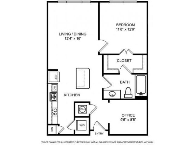 Rendering of the Sunset - One Bedroom w - Office floor plan with 1 bedroom[s] and 1 bathroom[s] at The Ridgewood by Windsor