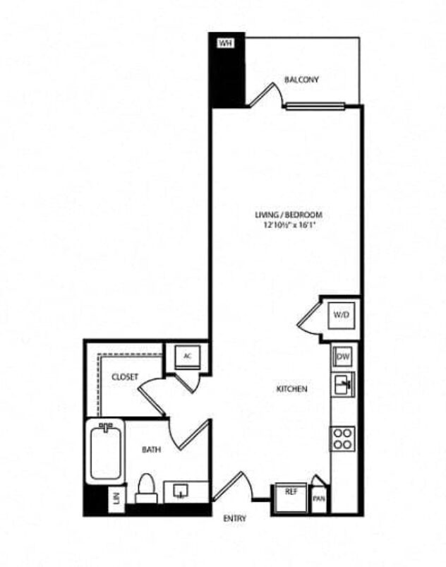 Rendering of the Surf floor plan with a Studio bedroom and 1 bathroom[s] at Boardwalk by Windsor