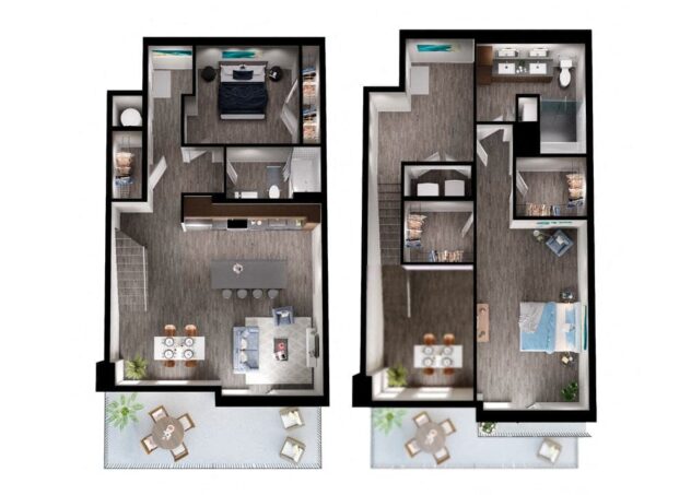 Rendering of the T1 floor plan with 2 bedroom[s] and 2 bathroom[s] at Windsor Interlock