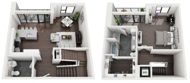 Rendering of the TH2 floor plan with 1 bedroom[s] and 1.5 bathroom[s] at 1000 Speer By Windsor