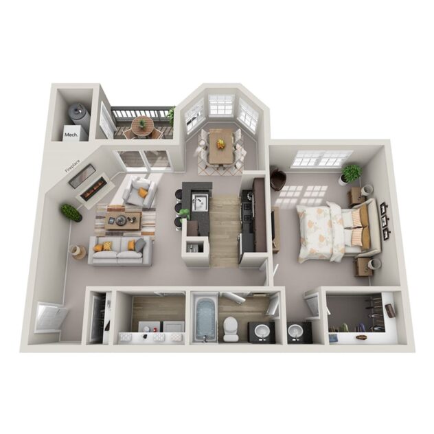 Rendering of the The Ashley (A1) floor plan with 1 bedroom[s] and 1 bathroom[s] at Windsor Kingstowne