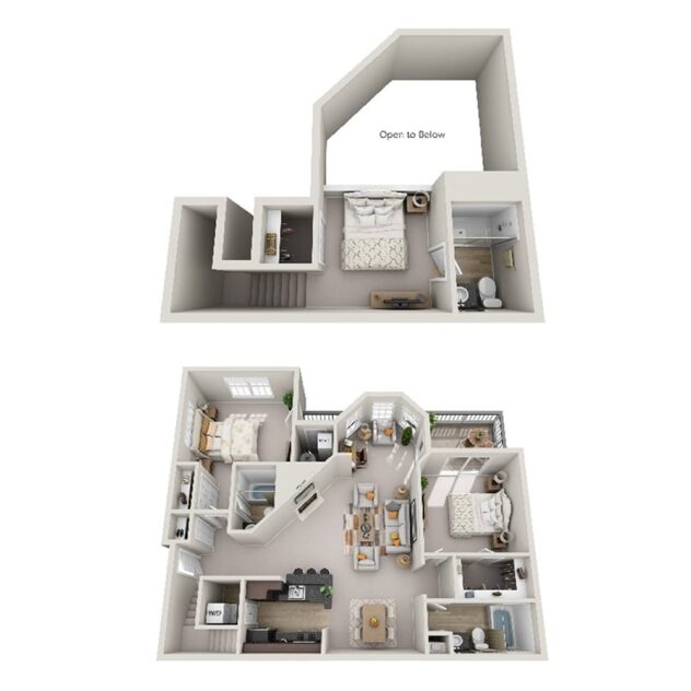 Rendering of the The Belvedere (B7) floor plan with 2 bedroom[s] and 3 bathroom[s] at Windsor Kingstowne