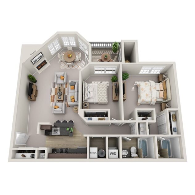 Rendering of the The Bradford (B2) floor plan with 2 bedroom[s] and 2 bathroom[s] at Windsor Kingstowne