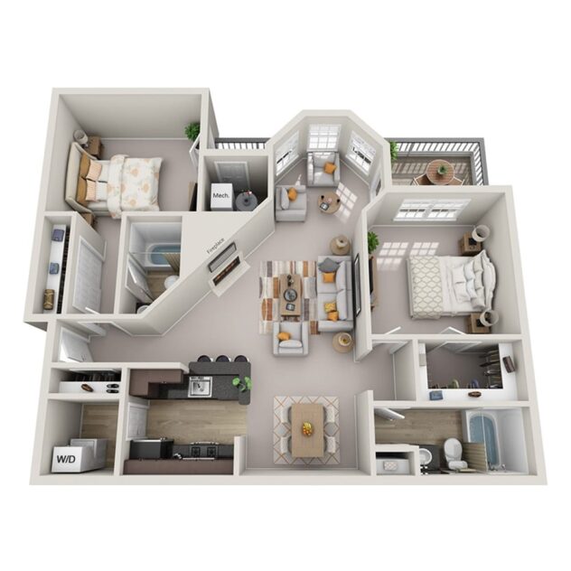 Rendering of the The Bridgewater (B4) floor plan with 2 bedroom[s] and 2 bathroom[s] at Windsor Kingstowne