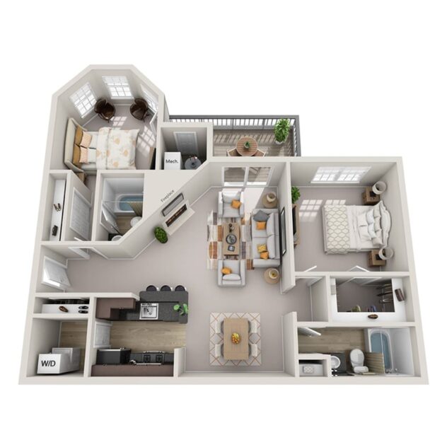 Rendering of the The Brookfield (B3) floor plan with 2 bedroom[s] and 2 bathroom[s] at Windsor Kingstowne