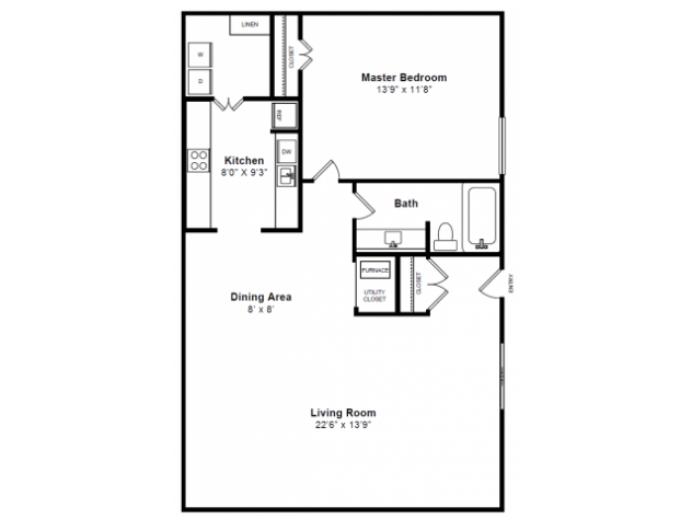 Rendering of the The Dartmouth floor plan with 1 bedroom[s] and 1 bathroom[s] at Windsor Village at Waltham