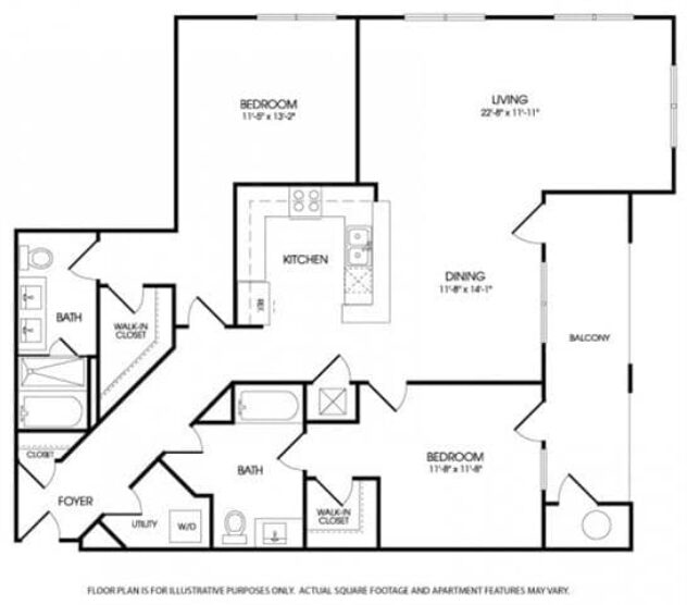 Rendering of the The Flatiron floor plan with 2 bedroom[s] and 2 bathroom[s] at The Manhattan by Windsor