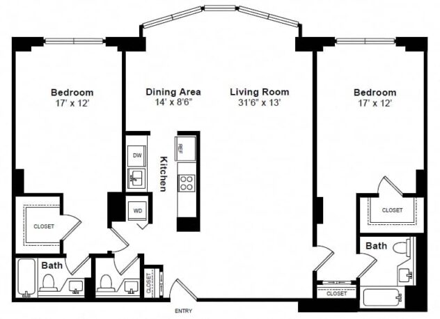 Rendering of the The Flatiron floor plan with 2 bedroom[s] and 2.5 bathroom[s] at Windsor at Mariners