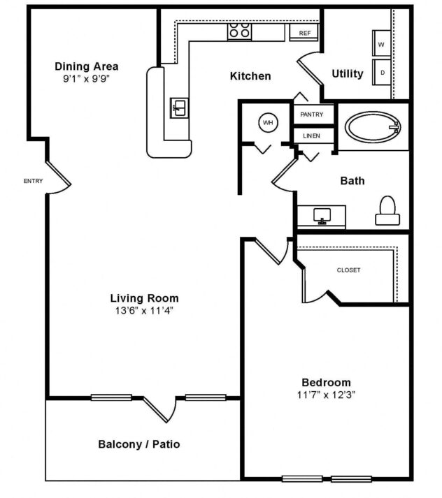 Rendering of the The Roma floor plan with 1 bedroom[s] and 1 bathroom[s] at Windsor at Miramar