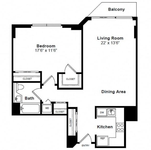 Rendering of the The SoHo floor plan with 1 bedroom[s] and 1 bathroom[s] at Windsor at Mariners