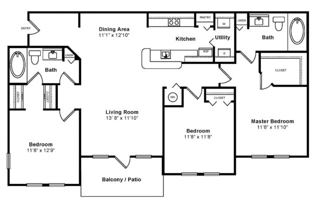 Rendering of the The Turin floor plan with 3 bedroom[s] and 2 bathroom[s] at Windsor at Miramar