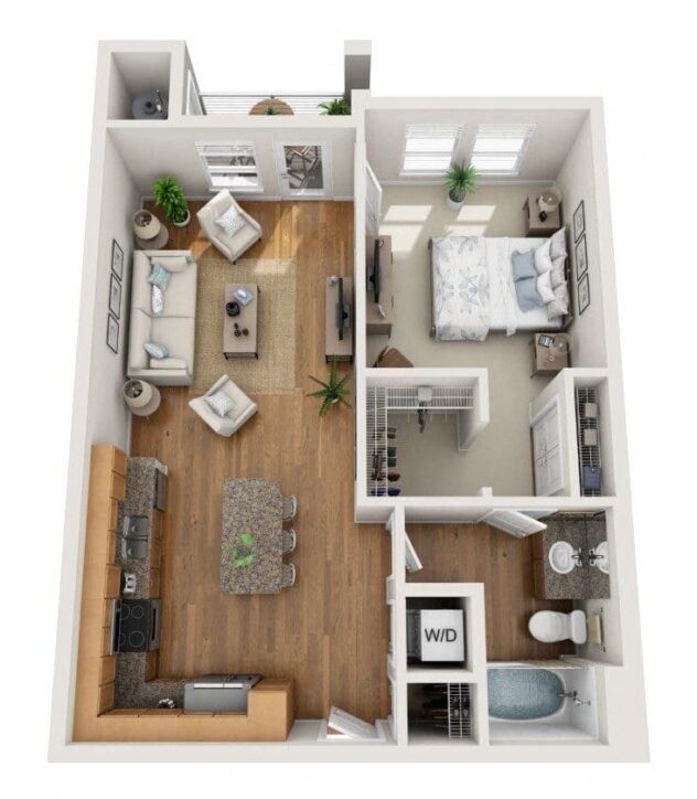 Rendering of the Theia floor plan with 1 bedroom[s] and 1 bathroom[s] at Element 47 by Windsor