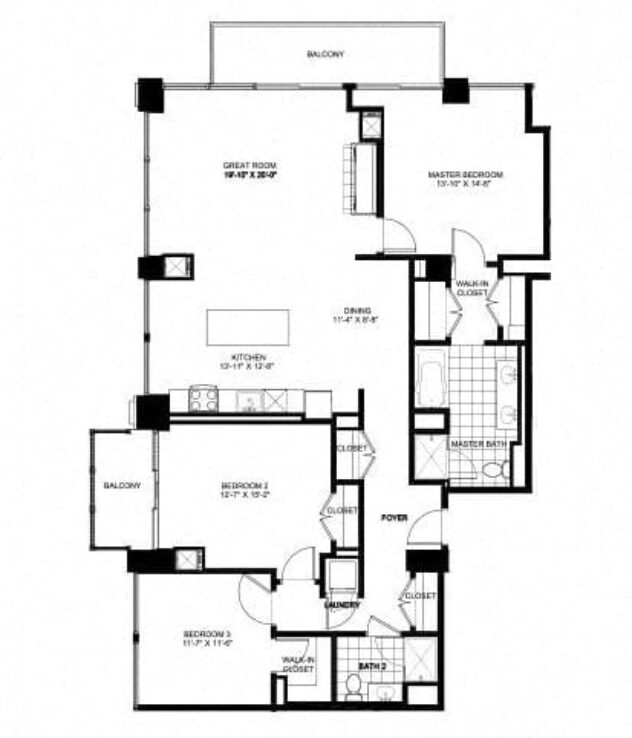 Rendering of the Three Bedroom Penthouse 2603 floor plan with 3 bedroom[s] and 2 bathroom[s] at Flair Tower