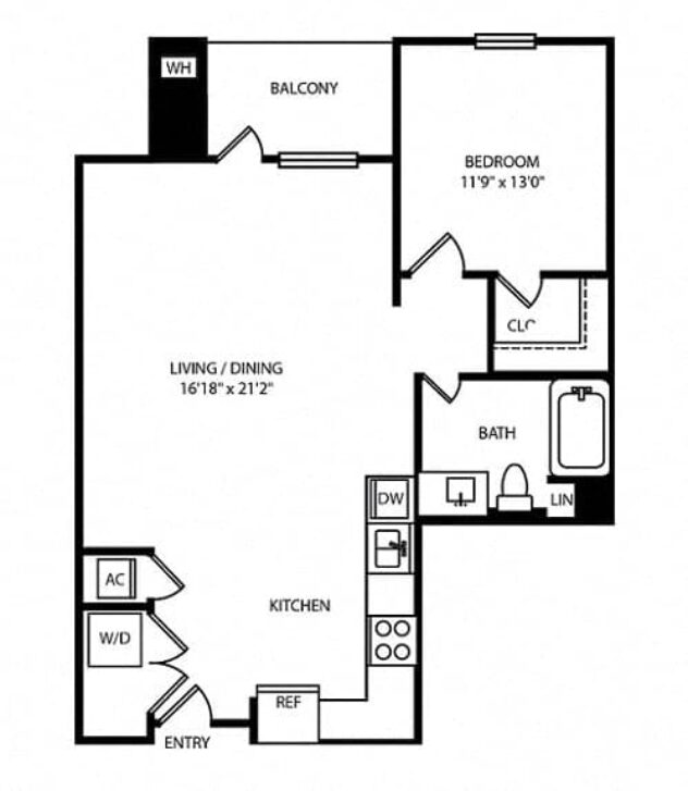 Rendering of the Tide floor plan with 1 bedroom[s] and 1 bathroom[s] at Boardwalk by Windsor