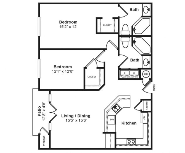 Rendering of the Torino floor plan with 2 bedroom[s] and 2 bathroom[s] at Windsor at Midtown