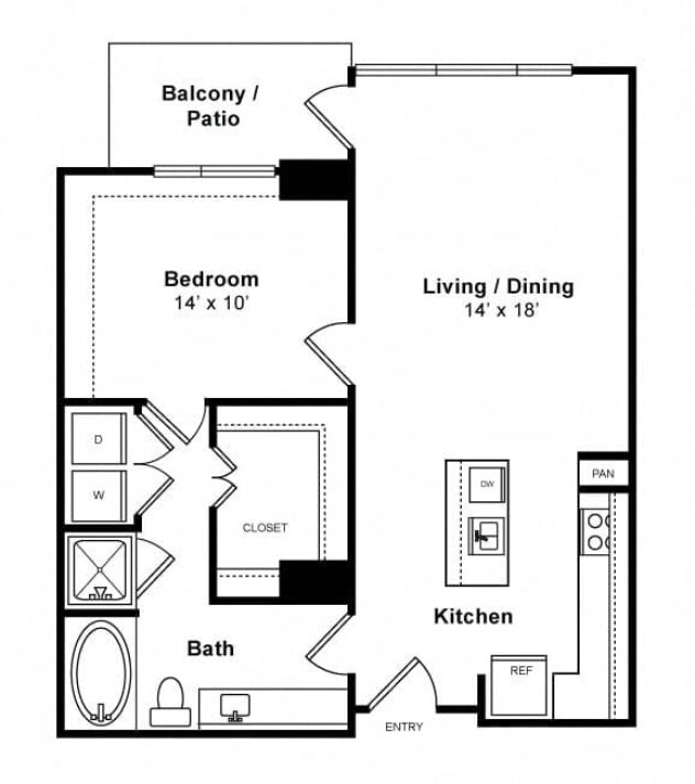 Rendering of the Traditional - High-Rise floor plan with 1 bedroom[s] and 1 bathroom[s] at Windsor Memorial